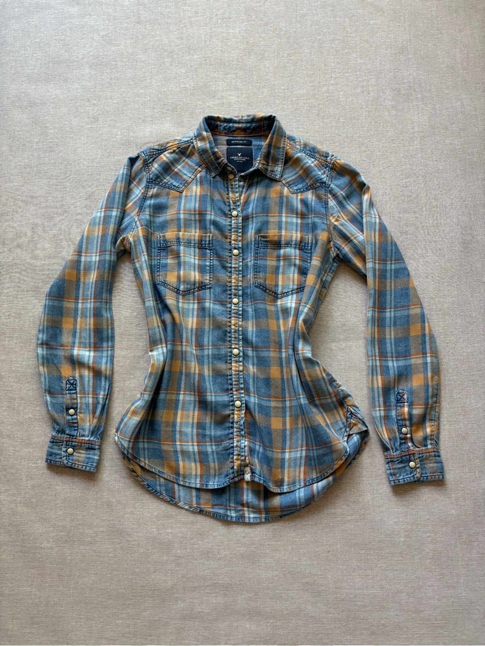 American Eagle plaid flannel western snap button cotton boyfriend fit top XS